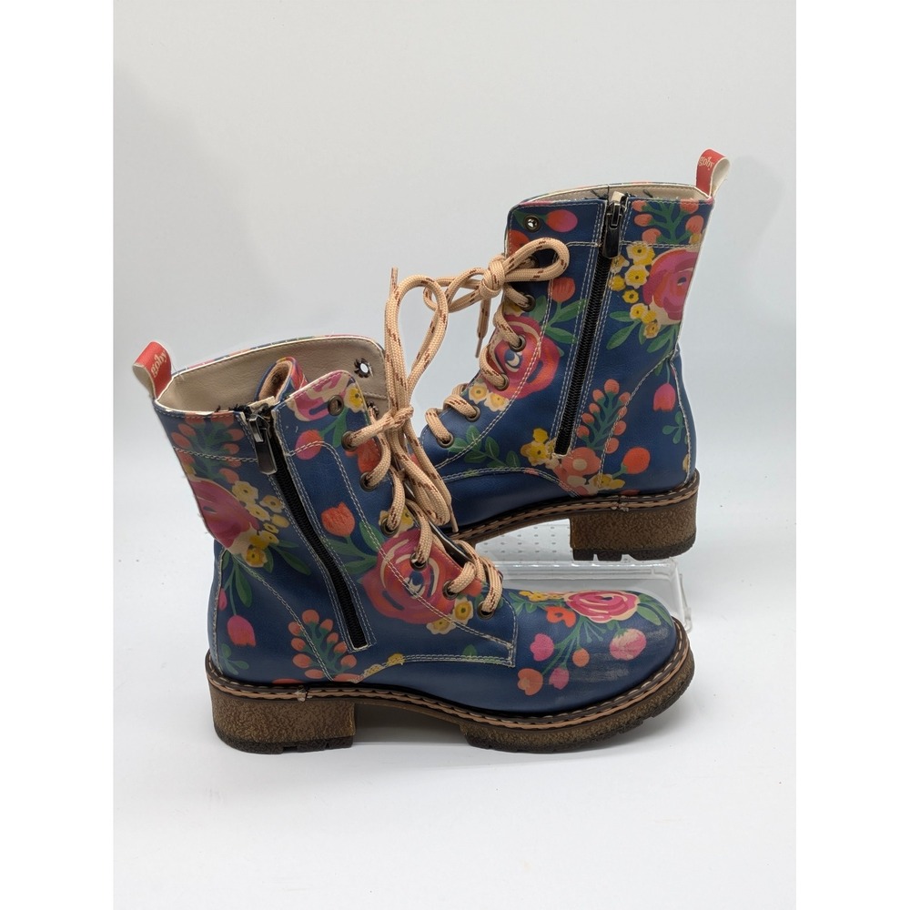 Goby Floral Lace Up Ankle Boots Women's EU 39 US 8.5 Blue Side Zip Artsy
